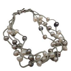 Freshwater Pearls on Suede Necklace Choker Grey Iridescent White 4 Strands